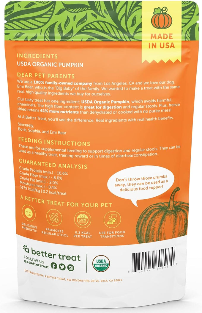 A Better Treat Freeze Dried Organic Pumpkin Dog and Cat Treats, Single Ingredient, Natural, Healthy