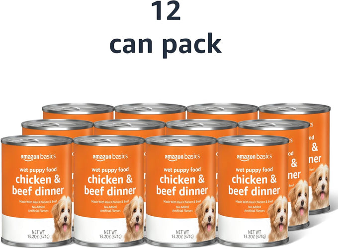 amazon basics puppy chopped ground dinner canned dog food with chicken beef 13.2oz pack of 12