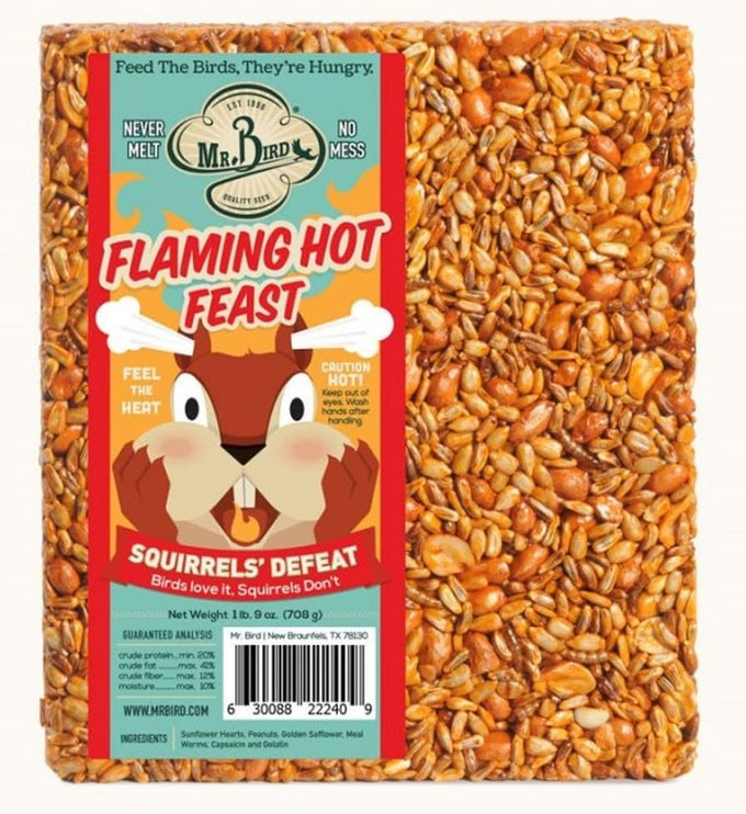 Mr. Bird Flaming Hot Feast Large Block Squirrel-Resistant Bird Food, 1lb 9oz, Sunflower Hearts, Peanuts, Golden Safflower, Meal Worms