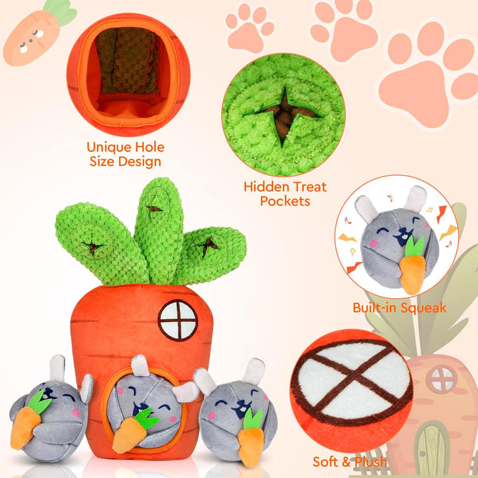 Carrot and Bunny Squeaky Dog Puzzle Toy Set, 4 Pack, Interactive Dog Toys for Small Medium Dogs, Training and Cleaning
