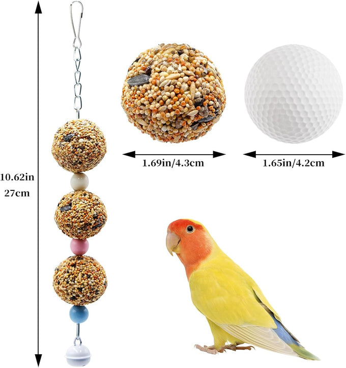 Bird toys, 2 pack, 3 natural cereal foraging balls, cage toys for parakeet, budgie, cockatiel, lovebird, green cheek, small to medium birds