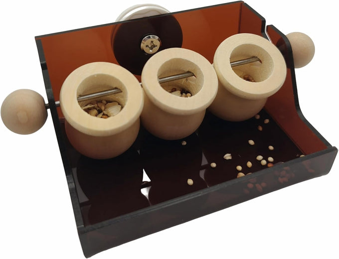 Triple Cup Parrot Feeding Toy with Portion Control System for Small-Medium Parrots, Wood and Acrylic Base, Easy Maintenance