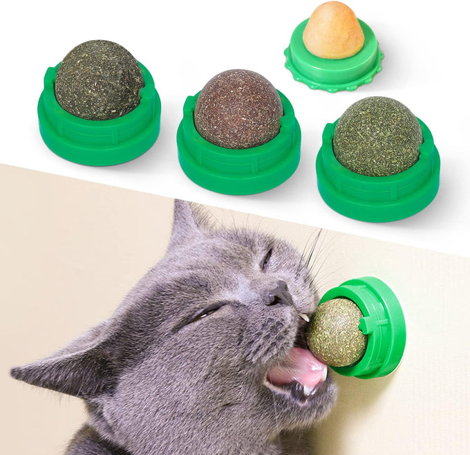 Potaroma catnip toys balls 4 Pcs green, edible kitten silvervine, healthy kitty teeth cleaning dental chew toys