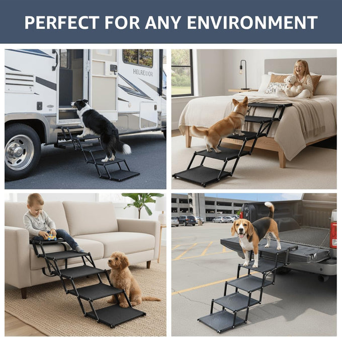 Oiilores extra-wide foldable dog stairs for large breeds, 5 steps, 250 lbs capacity, non-slip surface, 17x5x13 inches compact size
