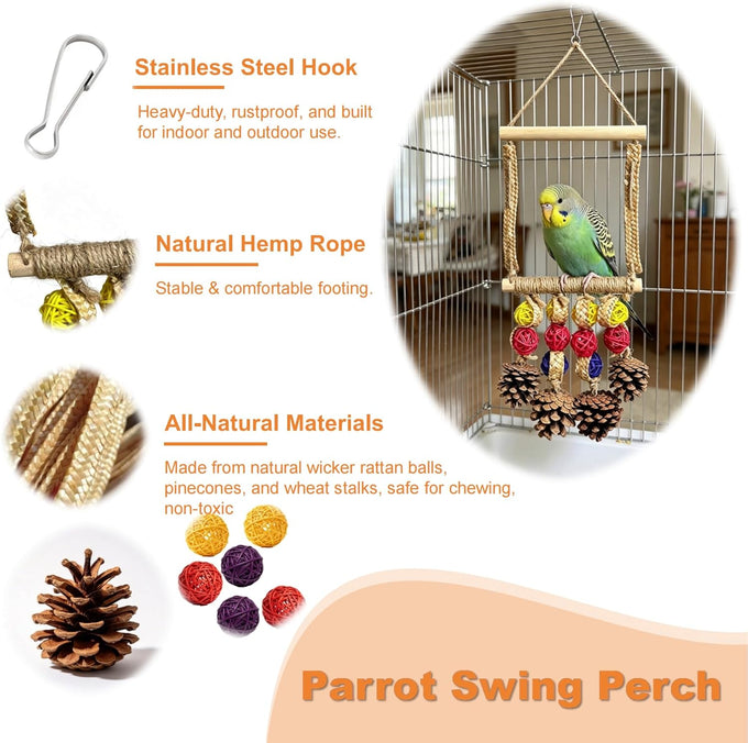 Plant-style parrot toy with sisal-wrapped perch for parakeets, cockatiels, and conures - natural pine swing