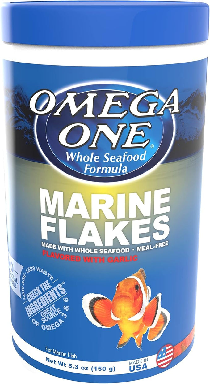 Omega One Garlic Marine Flakes for saltwater fish, 5.3 oz, sinking flakes with omega 3 fatty acids and natural color enhancers