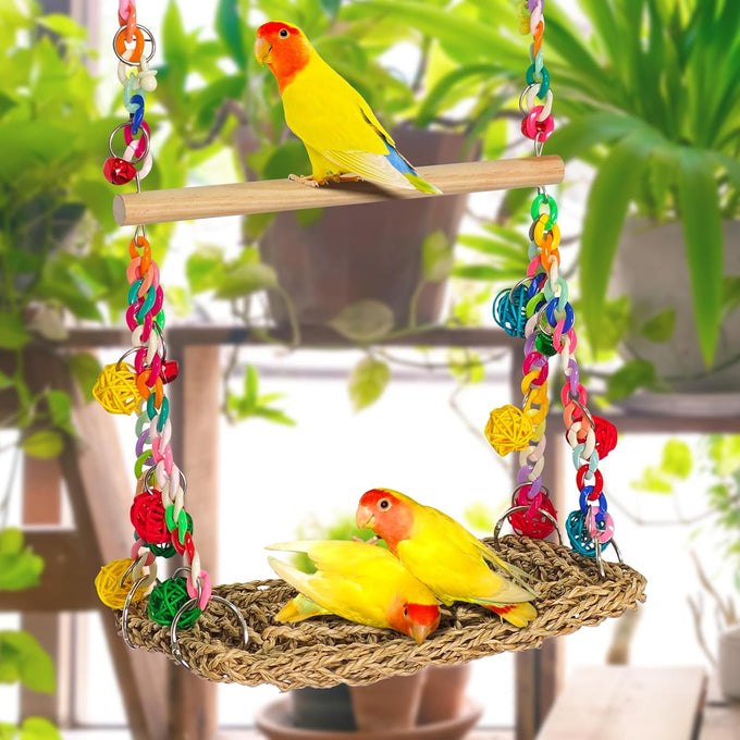 Natural Bird Swing Toys with Wood Perch for Parakeets, Budgies, Conures, Cockatiels, Lovebirds
