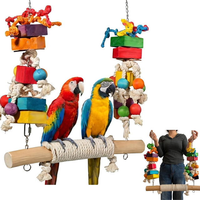 21.6" Giant Refillable Parrot Toy Swing for Macaws, Cockatoos, 4lb Heavy Duty Bird Toys, Large Natural Wooden Block Chew & Shredding Toy