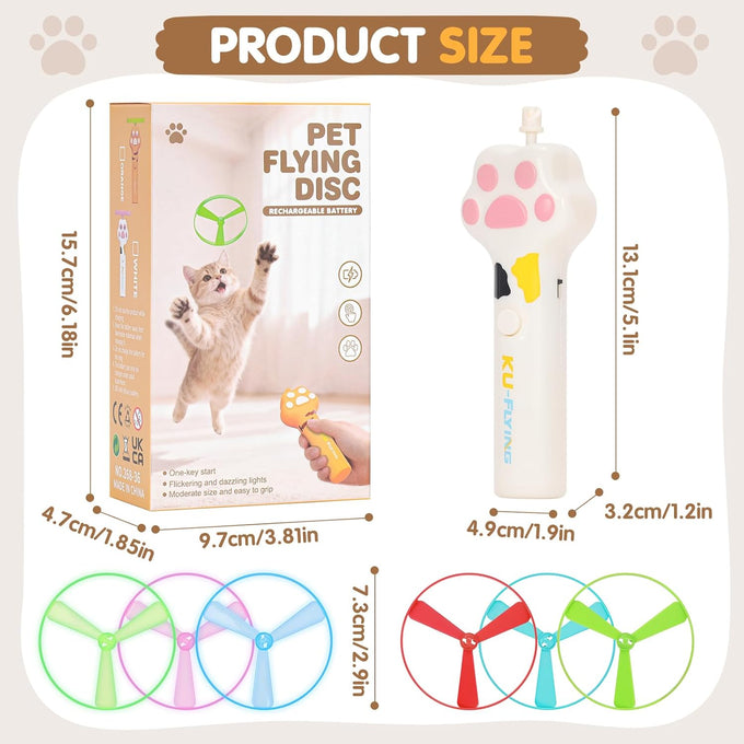 White Cat Fetch Toy with Rechargeable Flying Disc Launcher and 6 Glowing or Classic Discs