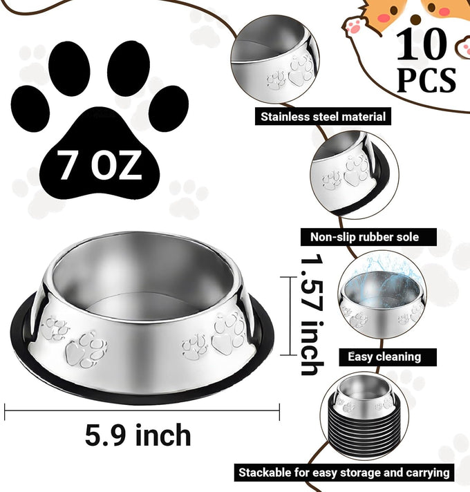 stainless steel dog bowl set with rubber base non-slip pet dishes for small medium animals 7 oz capacity