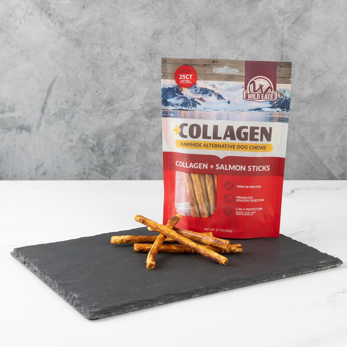 Wild Eats Collagen Real Salmon Bully Sticks for Dogs 25ct, Long Lasting Grain Free High Protein Dog Chews