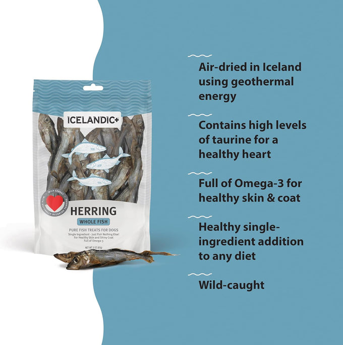 Icelandic+ Whole Fish Herring Dog Treats: 3oz Bag, Pure Wild-Caught, Air-Dried. Single Ingredient Snack, Rich in Protein & Omega-3s for Healthy Skin & Coat.
