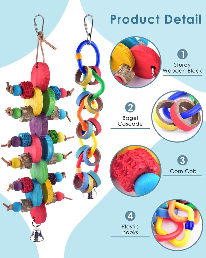 Bissap multicolored bagel parrot toy for conures, cockatiels, macaws, and similar sized pet birds