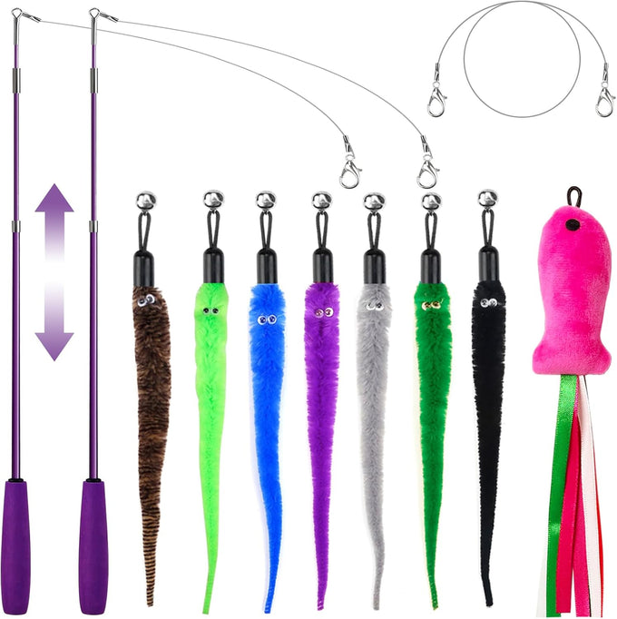 cat toys for indoor cats, 11pcs interactive cat toy wand pack, 2 retractable cat wand & 7pcs worm teaser refills for playful exercise