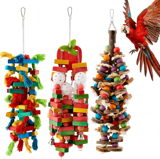 seenelling 3pcs large multicolored wooden parrot cage chewing toys for macaws african greys cockatoos