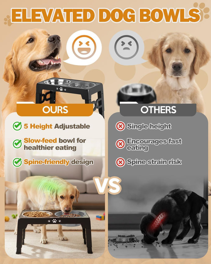 Jovrun elevated dog bowls for medium large size dogs, non-slip feeder with 2 food water bowls, 5 heights adjustable raised bowls stand