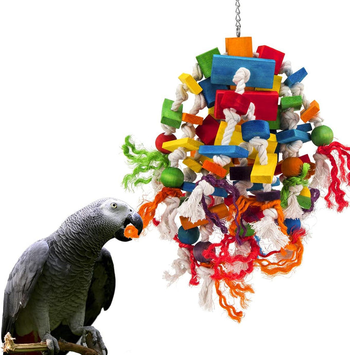 Natural Wood Bird Toys for Macaws, African Grey, Amazon Parrots, 18 inch, Non-Toxic, Chewing and Climbing