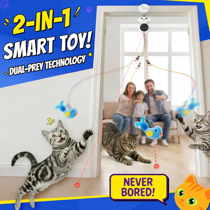 Interactive 2-in-1 Laser Pointer Cat Toy with Flying Bird and Smart Moving Wand