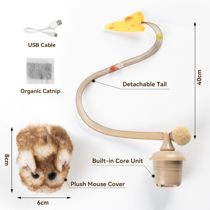 Migipaws Interactive MigiMouse Cat Toy: 360° Rolling, Rechargeable, Squeak, Realistic, Brown Long