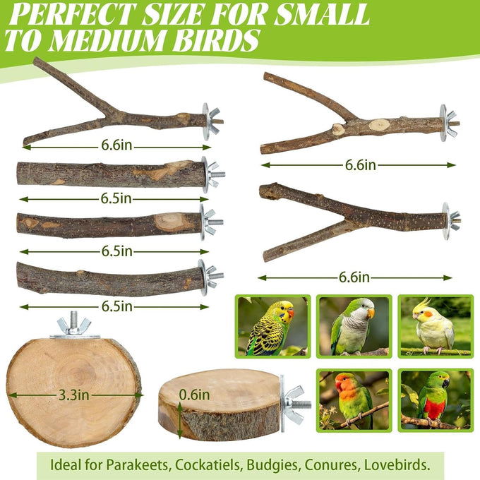 8 PCS natural apple wood bird perch set for small birds - parakeets, budgies, cockatiels - safe chew toys & climbing stand
