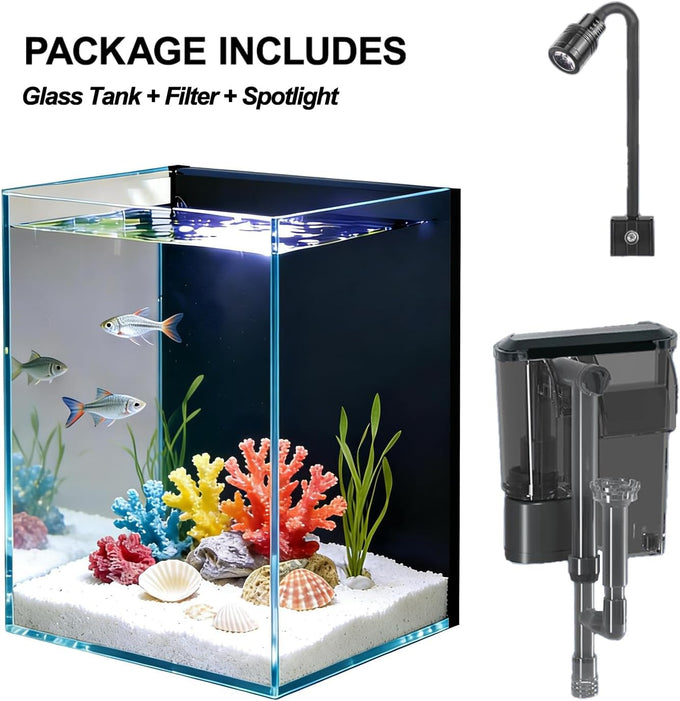 Small nano glass fish tank start kit with filter, LED light for shrimp, small fish, betta (1.5 gallon)