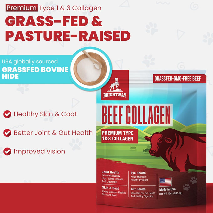 Grass fed Collagen for Dogs supports healthy skin, coat, hip, joint care and cartilage support for dogs with 100% all natural collagen