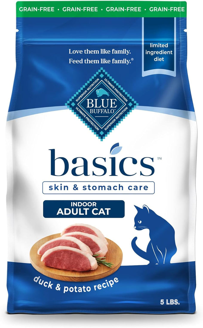 Blue Buffalo Basics Grain-Free Dry Cat Food for Indoor Cats, 5-lb. Bag, Duck & Potato Recipe, Skin & Stomach Care