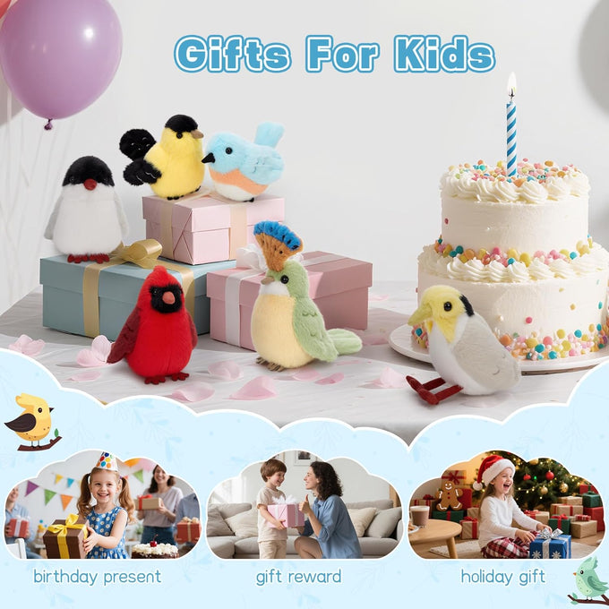 6 Pcs bird plush toy set, soft and safe, 6 inch, educational, birthday gift, kids, boys, girls, bird lovers, nature theme decor