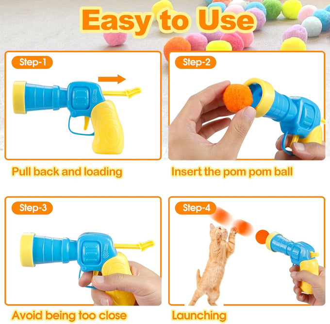 MeoHui 31Pcs Cat Ball Launcher Toy, 1 Gun, 30Pcs Plush Fuzzy Balls for Bored Indoor Cats