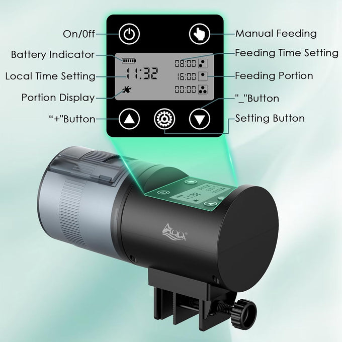 aqqa automatic fish feeder, 200ml large capacity, moisture-proof, lcd timer, battery operated, auto fish feeder for aquarium