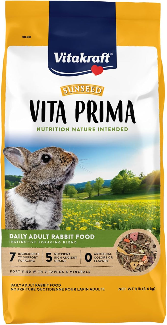 Sun Seed Vita Prima Adult Rabbit Food 4 lbs. high-fiber hay base, vitamin-enriched mix, variety of grains and fruits