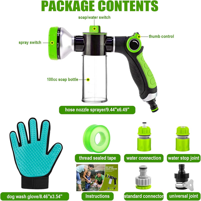 Upgraded 8-in-1 Zinc Alloy Dog Wash Hose Nozzle with 100cc Soap Dispenser and Pet Grooming Glove