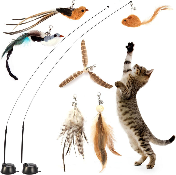maiguangta interactive bird simulation cat toy set with detachable feathers and suction cups, 6 pcs cat wand toys