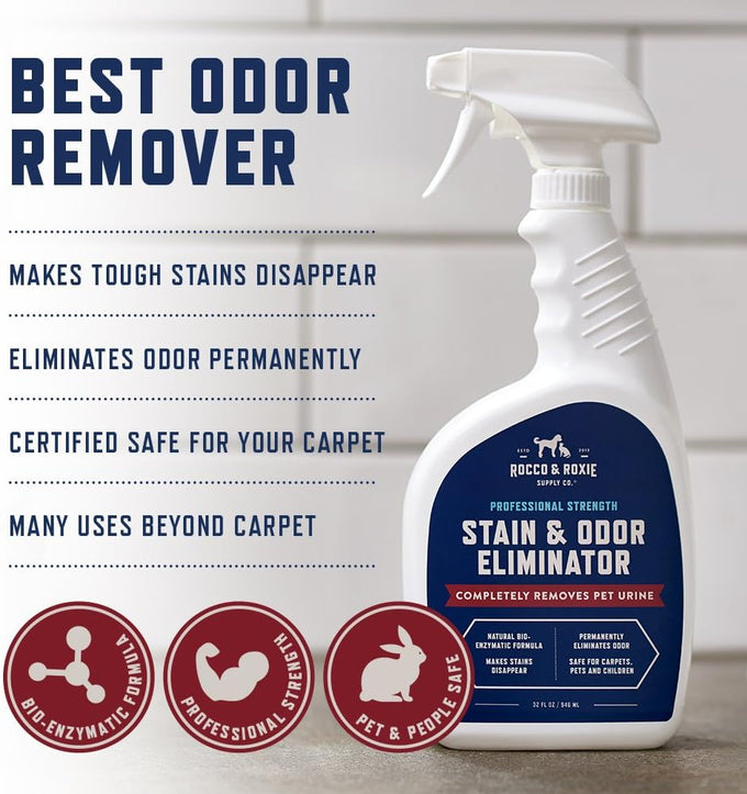 Rocco & Roxie Supply Co. Clear Pet Odor Eliminator Enzyme Cleaner for Home, 32 Fl Oz, Safe for All Carpets
