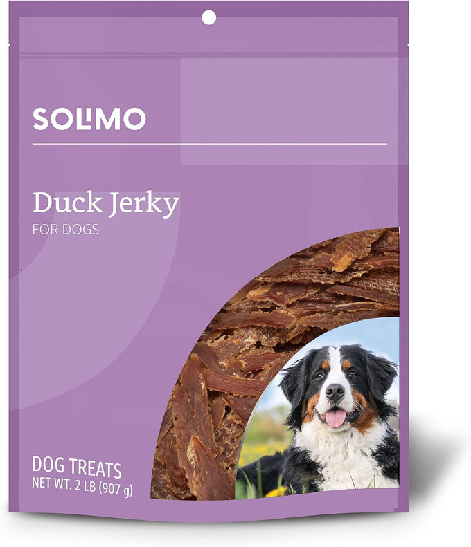 Solimo Amazon brand duck jerky dog treats, 2 pounds, no corn, wheat, soy or gluten