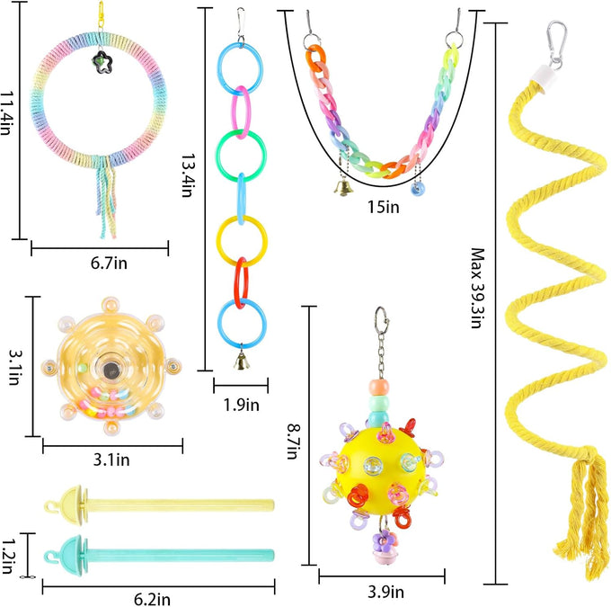 Parakeet Toys Set 8 Pcs Cotton Rope Hanging Swing Colorful Spinning Chewing Standing Perch Parrot Toys Bird Cage Accessories Bird Toy for Lovebird Cockatiel Budgie Finches