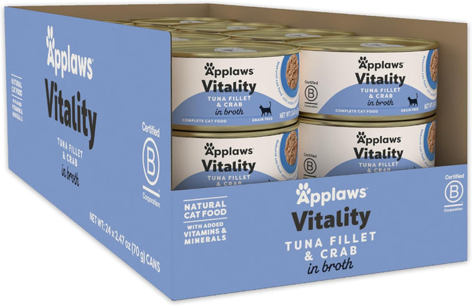 Applaws Vitality Wet Cat Food in Tuna Fillet & Shrimp Broth, Grain and Carrageenan Free, 24 Count, 2.47 oz Cans