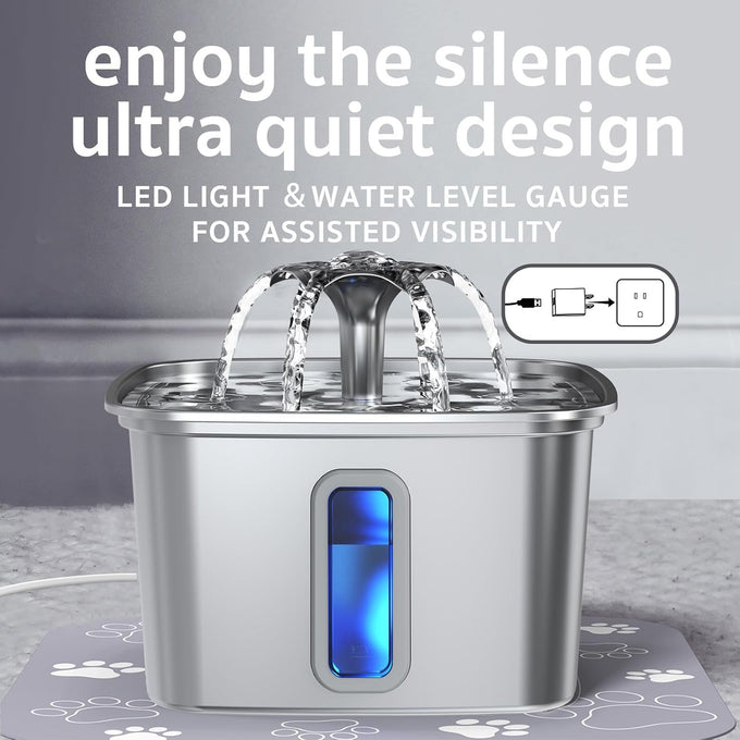 Veken Stainless Steel Cat Water Fountain, 108oz/3.2L Automatic Pet Fountain with 3 Replacement Filters & Silicone Mat, Silver