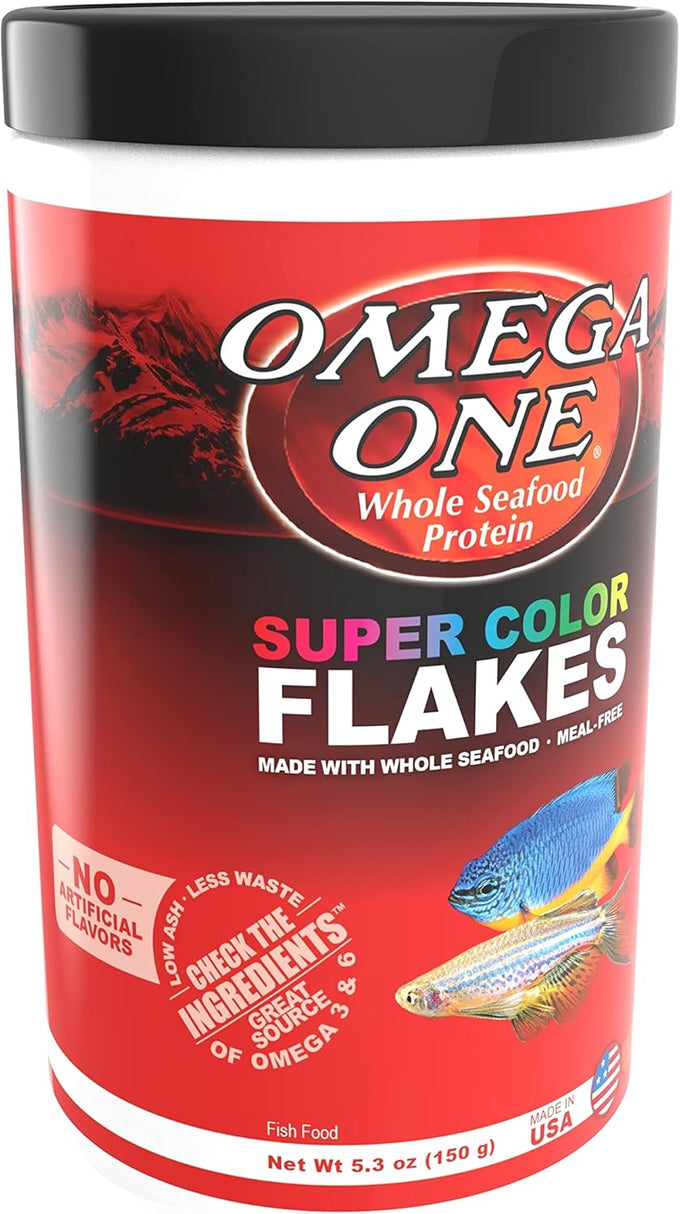 Omega One Super Color Flakes 2.2 oz aquarium fish food with beta carotene and omega 3 6 HUFA