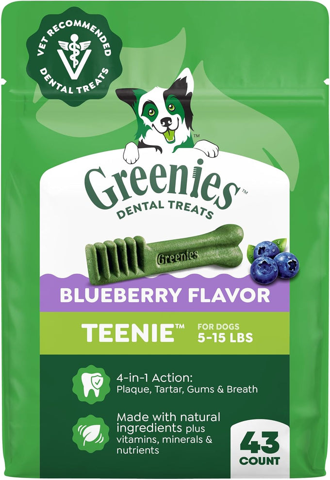 Greenies Veterinarian-Recommended Natural Dog Dental Treats, Teenie Size, Blueberry Flavor, 12 oz. Packs, 43 Count