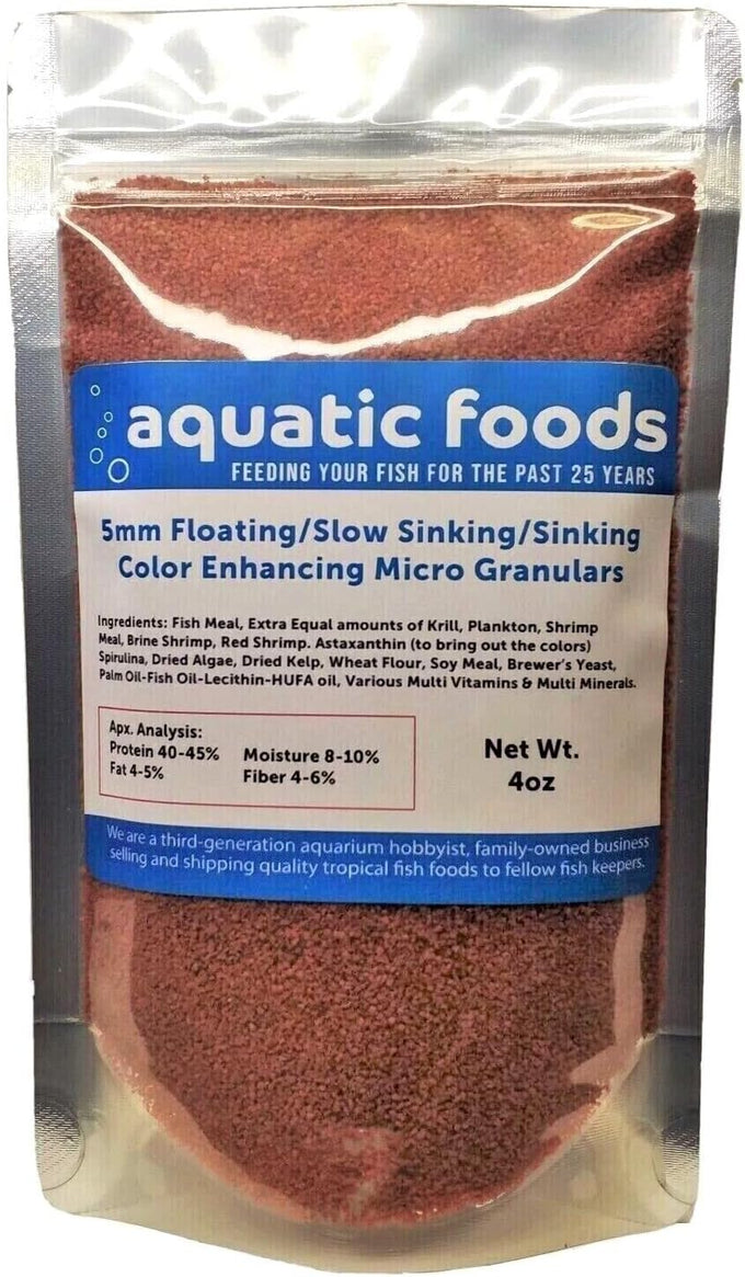 .5mm floating/slow sinking/sinking color enhancing micro granules for tropical fish and koi 8oz small jar by aquatic foods & blackworm co.
