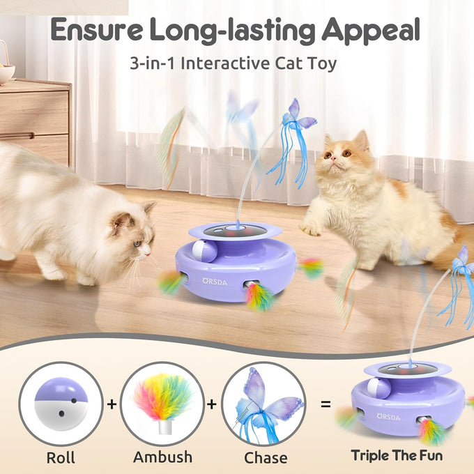 orsda automatic usb rechargeable 3-in-1 interactive cat toy with feathers and butterfly