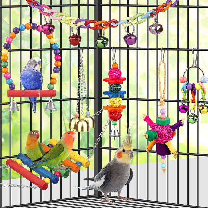 Colorful ladder hammock bird cage accessories for conures, parrots, parakeets, cockatiels, lovebirds, with hanging bell and chewing toys