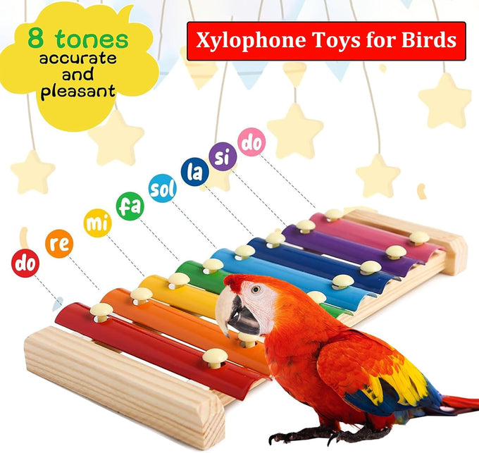 Large Multicolored Natural Wooden Parrot Xylophone Toy with Grinding Stone for Macaws, African Grey, Cockatoos, Amazon