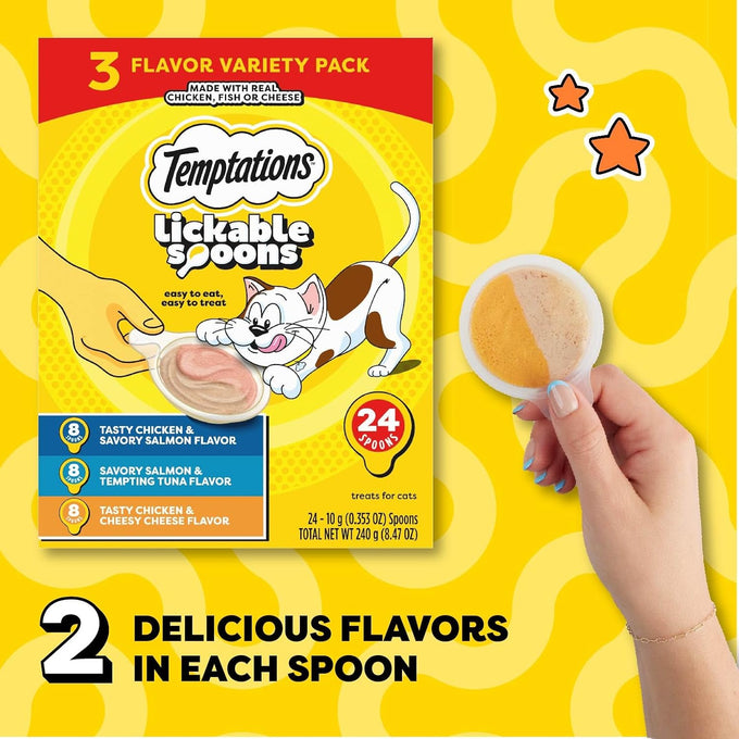 Temptations lickable cat treats, variety pack, 24 spoons, soft, adult wet, mess-free puree