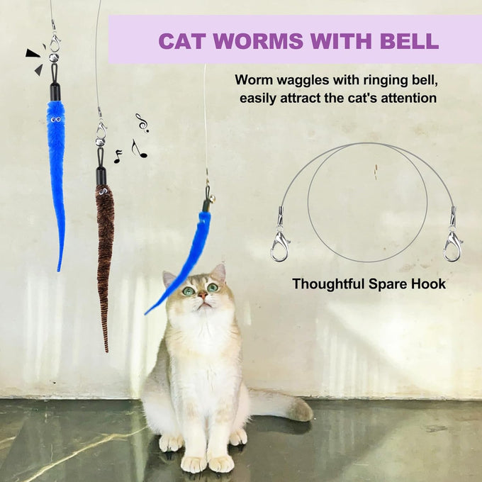 cat toys for indoor cats, 11pcs interactive cat toy wand pack, 2 retractable cat wand & 7pcs worm teaser refills for playful exercise