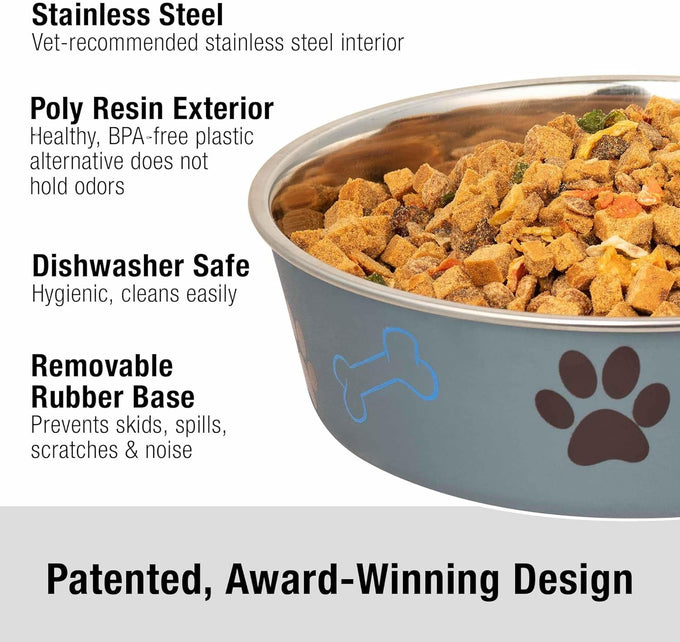 loving pets bella stainless steel dog & cat bowls - spill proof medium 20-35 lbs blueberry