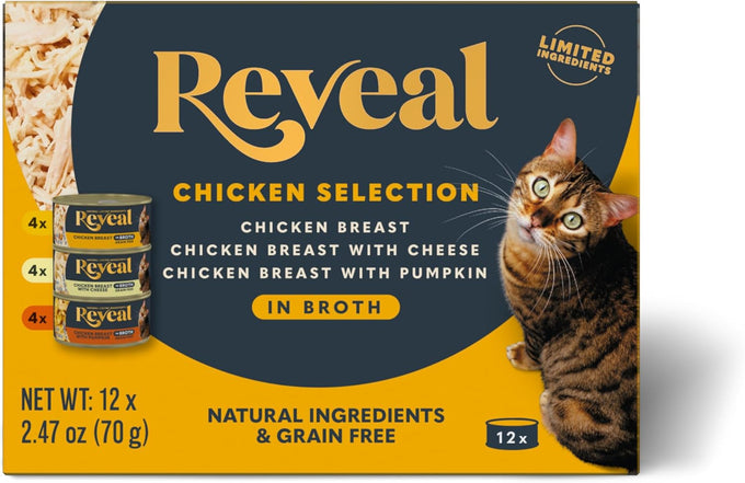 Reveal Natural Wet Canned Cat Food, 3-Flavor Variety Pack, Limited Ingredient, Grain-Free, High Protein with No Artificial Additives, Fish Variety in Broth (12 x 2.47 oz Cans)