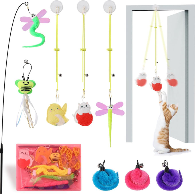 Interactive Cat Toys Refills with 8 Assorted Teasers and Wand for Indoor Cats - Adjustable Height and Durable