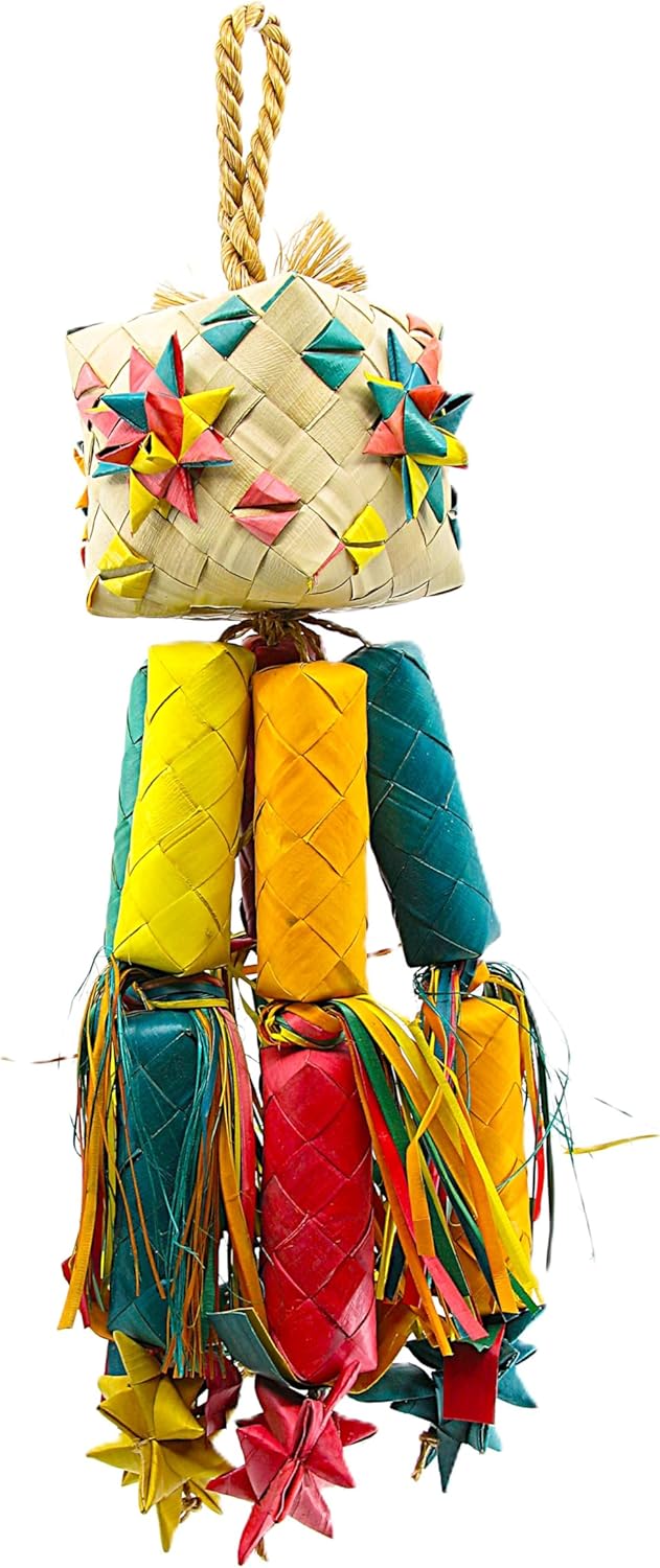Planet Pleasures Firecracker Piñata Bird Toy, Small, Natural Stuffed Woven Palm Leaf Material, Chewing Surprises for Parrots